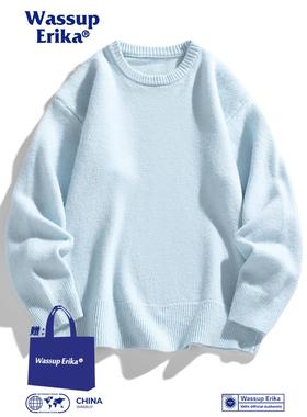 WASSUP ERIKA蓝色休闲内搭针织衫男秋冬纯色套头线衣情侣圆领毛衣
