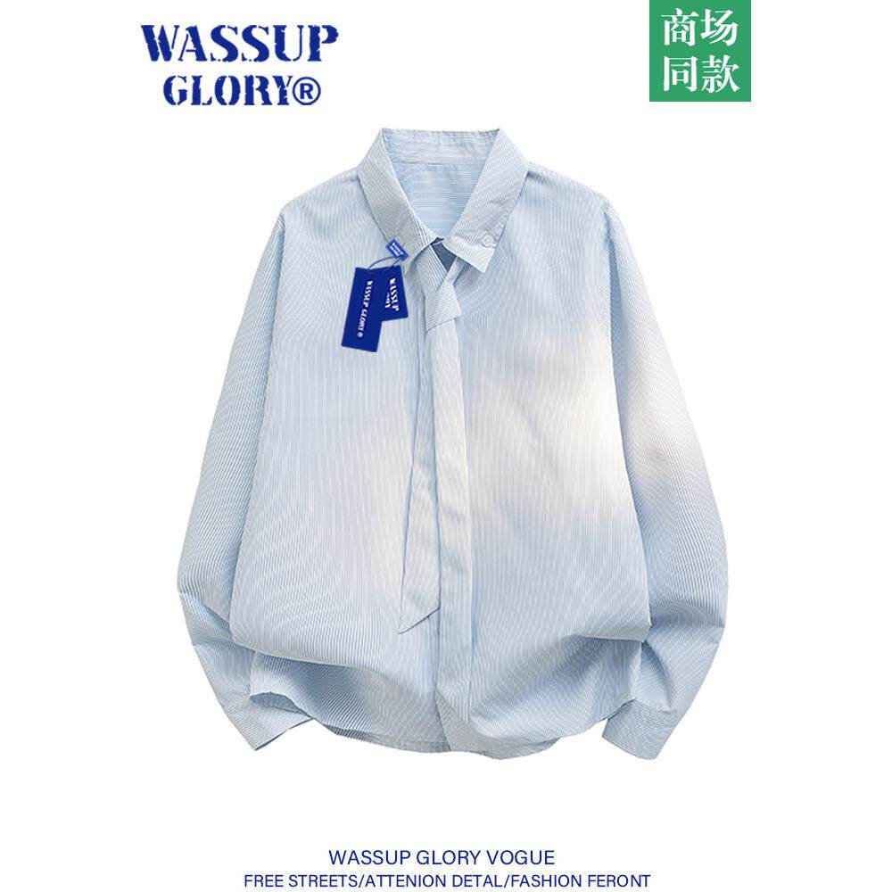 WASSUP GLORY带领带衬衫男夏季高级感复古条纹衬衣长袖薄款外套