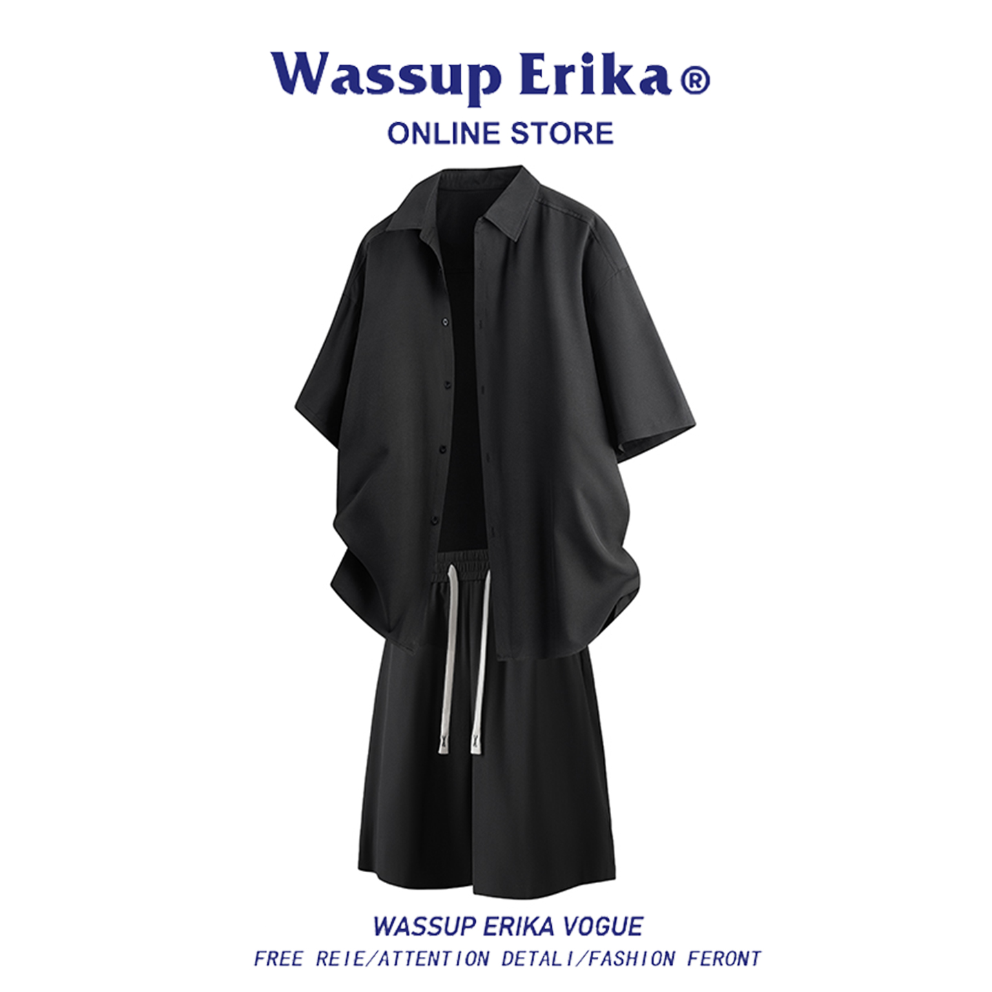 WASSUP ERIKA冰丝短袖衬衫套装男生夏季薄款透气休闲运动服两件套