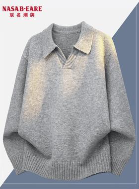NASAB-EARE复古V领毛衣男女款秋冬季宽松休闲长袖polo针织衫上衣