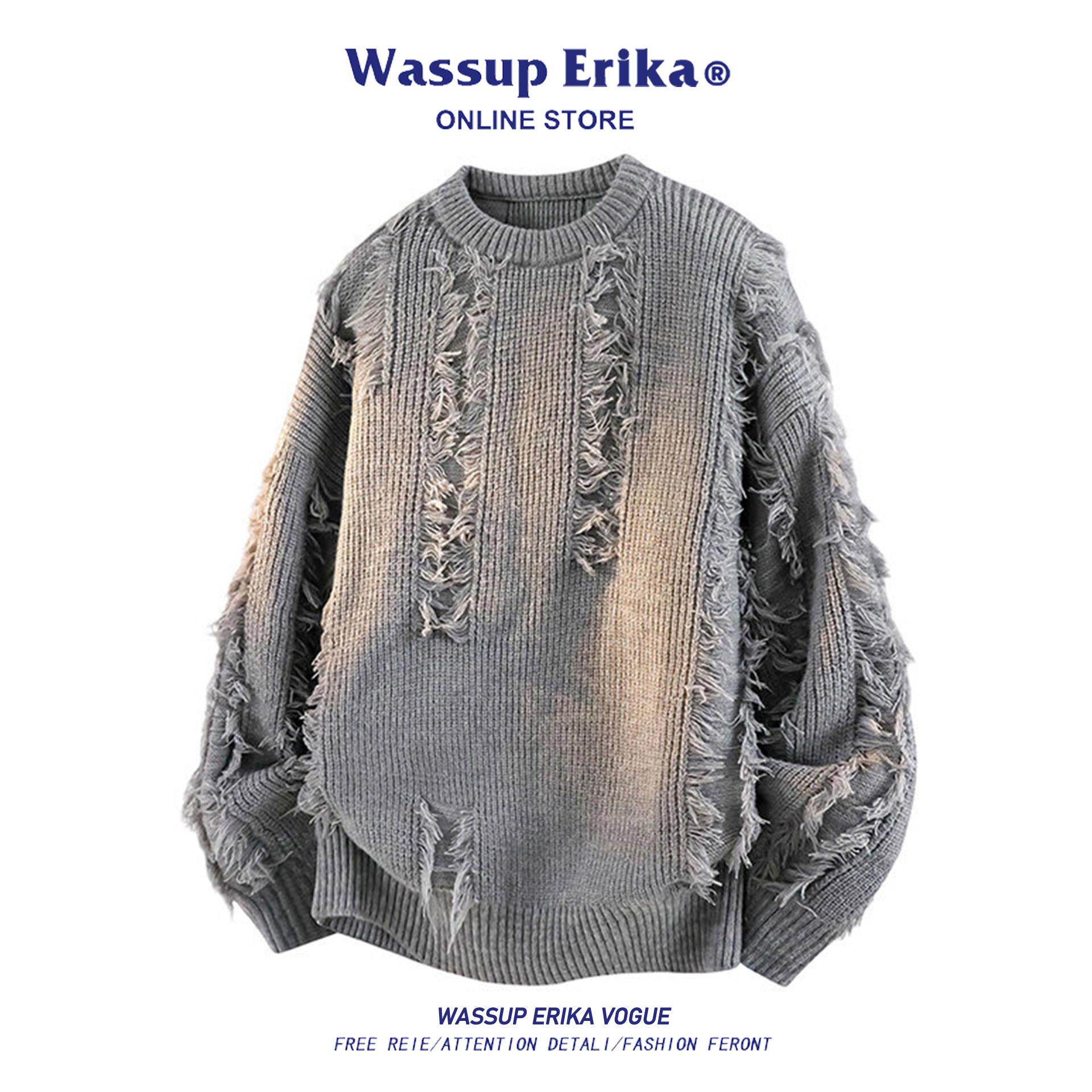 WASSUP ERIKA2026春季破洞慵懒风圆领针织衫男款休闲流苏设计毛衣