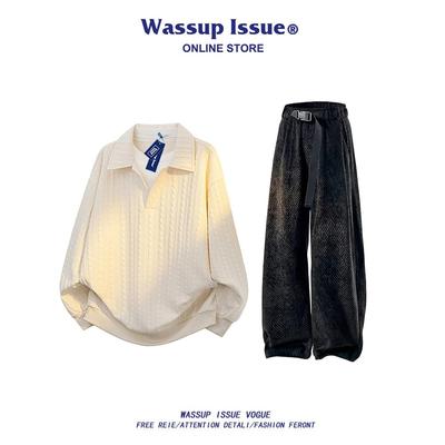 WASSUP ISSUE日系polo衫慵懒风卫衣男款春秋季宽松休闲运动套装男