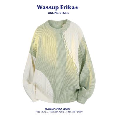 WASSUP ERIKA复古日系圆领拼色针织衫男秋冬拼接提花毛衣打底衫女