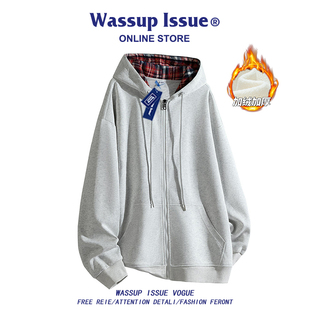 WASSUP ISSUE美式开衫连帽卫衣男款秋冬季加绒加厚休闲情侣外套男