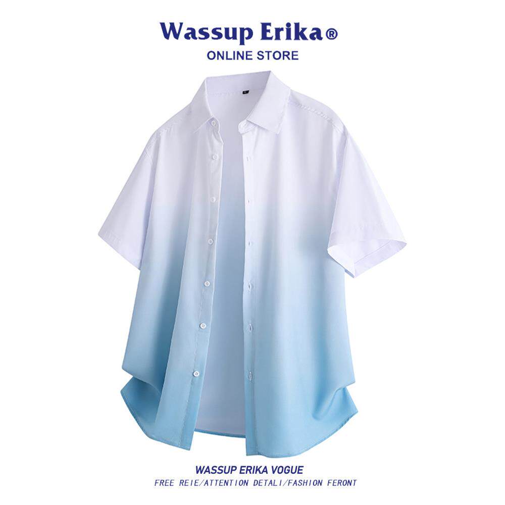 WASSUP ERIKA渐变蓝色衬衫男夏季2025超好看的短袖女海边出片穿搭