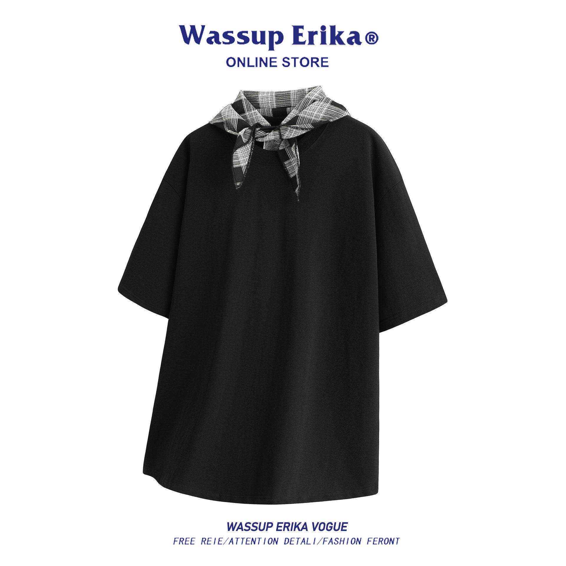 WASSUP ERIKA夏季披肩格子丝巾设计感短袖T恤男新款宽松百搭上衣