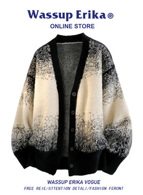 WASSUP ERIKA美式扎染渐变针织衫男女秋冬新款V领懒惰风开衫毛衣