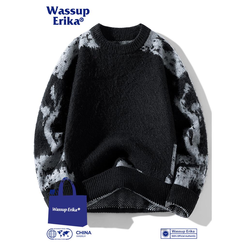 WASSUP ERIKA高街复古圆领毛衣男秋冬撞色打底针织衫内搭宽松线衣