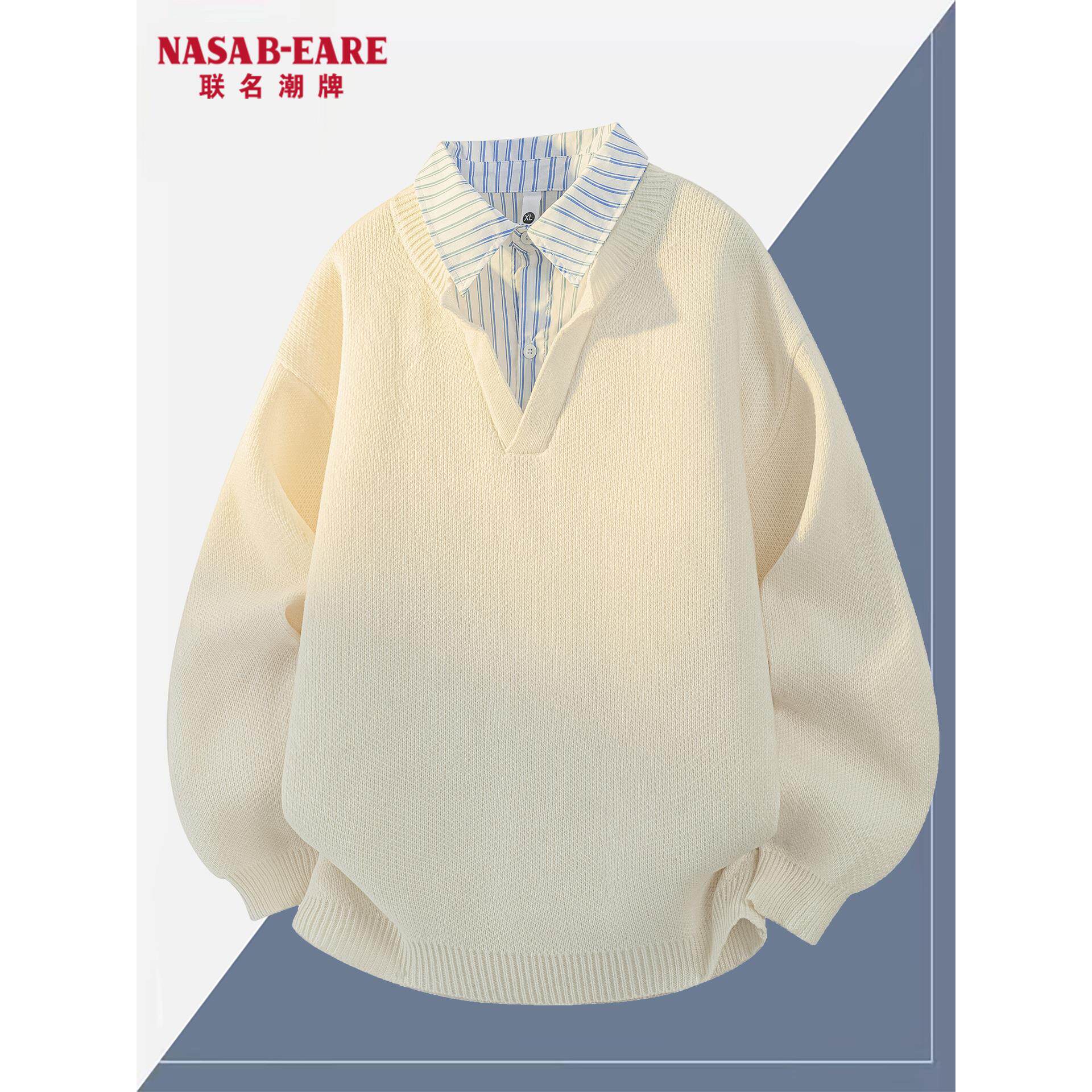 NASAB-EARE美式衬衫领POLO衫毛衣男秋季潮牌条纹情侣款假两件卫衣