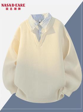 NASAB-EARE美式衬衫领POLO衫毛衣男秋季潮牌条纹情侣款假两件卫衣