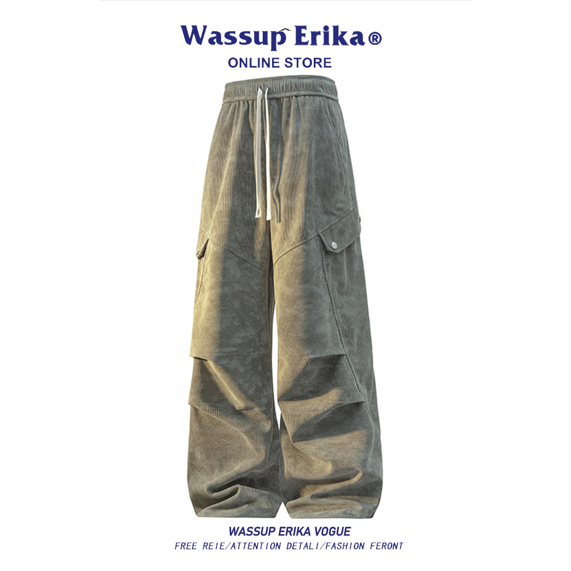 WASSUP ERIKA美式潮牌迷彩灯芯绒休闲裤男2026春季宽松直筒工装裤