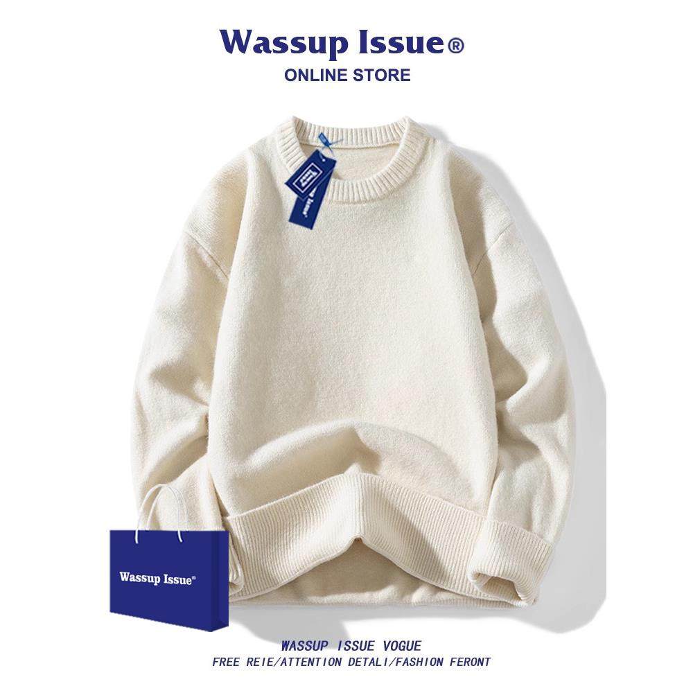 WASSUP ISSUE日系纯色圆领针织衫外套男款秋冬痞帅休闲情侣毛衣男