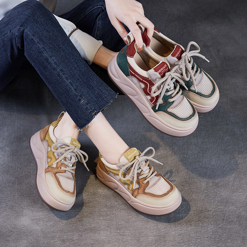 夏款网面厚底休闲鞋女款透气2026新款夏季流行真皮透网运动鞋夏天