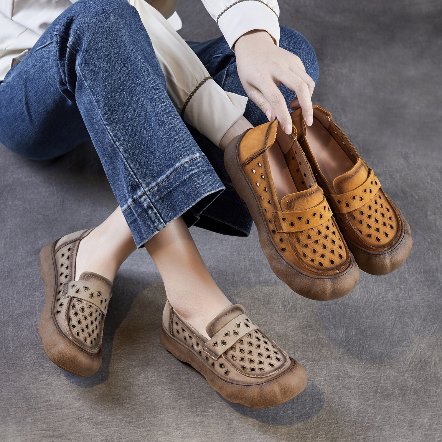 超软真皮妈妈鞋凉鞋女款平底洞洞鞋中老年中年女单鞋2026夏季新款,女鞋,时尚休闲鞋,淘宝优惠券,粉丝福利购,淘宝优惠卷