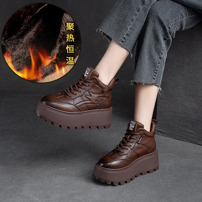 秋冬加绒保暖靴子松糕厚底增高短靴女低帮真皮复古头层牛皮马丁靴