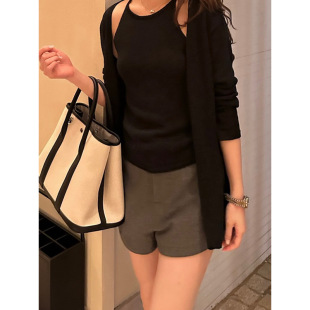 派bluepops2025秋季 百搭休闲直筒裤 新款 高腰毛呢短裤 女 韩版 元