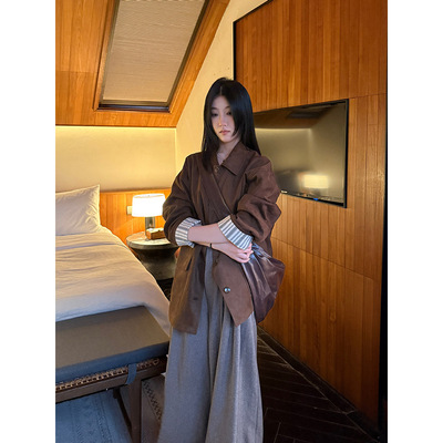 元派bluepops2025秋季新款条纹拼接麂皮皮衣宽松翻领夹克外套女