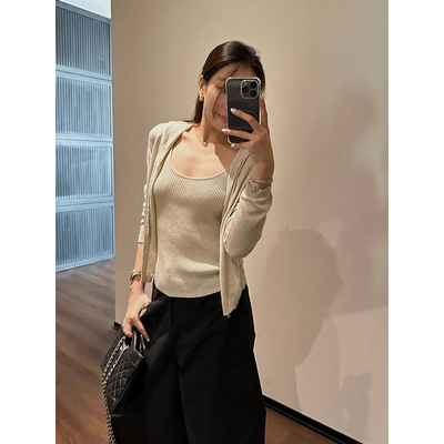 元派bluepops2025秋季新款韩版连帽假两件叠穿羊毛针织衫女上衣