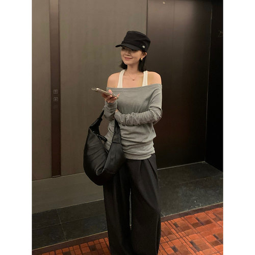 元派bluepops2025秋季新款休闲纯色叠穿吊带T恤上衣+阔腿裤套装女