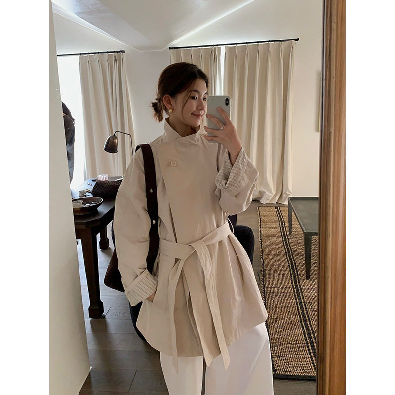 元派bluepops2025秋季新款韩版宽松拼接条纹束腰中长款风衣外套女