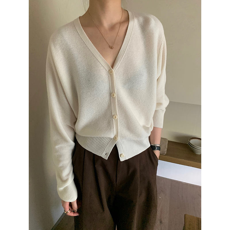 bluepops 2024秋季新款韩版简约澳羊毛宽松V领长袖毛衣开衫女外套