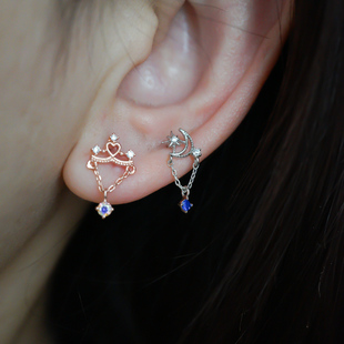 韩国进口耳钉爱心皇冠月亮星星链式精巧小耳骨钉旋转拧圆球堵