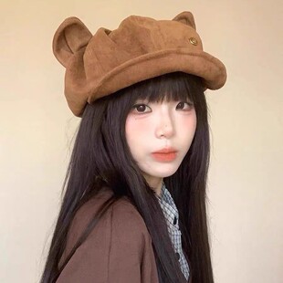 猫耳朵帽子女款2025新款复古麂皮绒猫耳朵贝雷帽子女秋冬季显脸小
