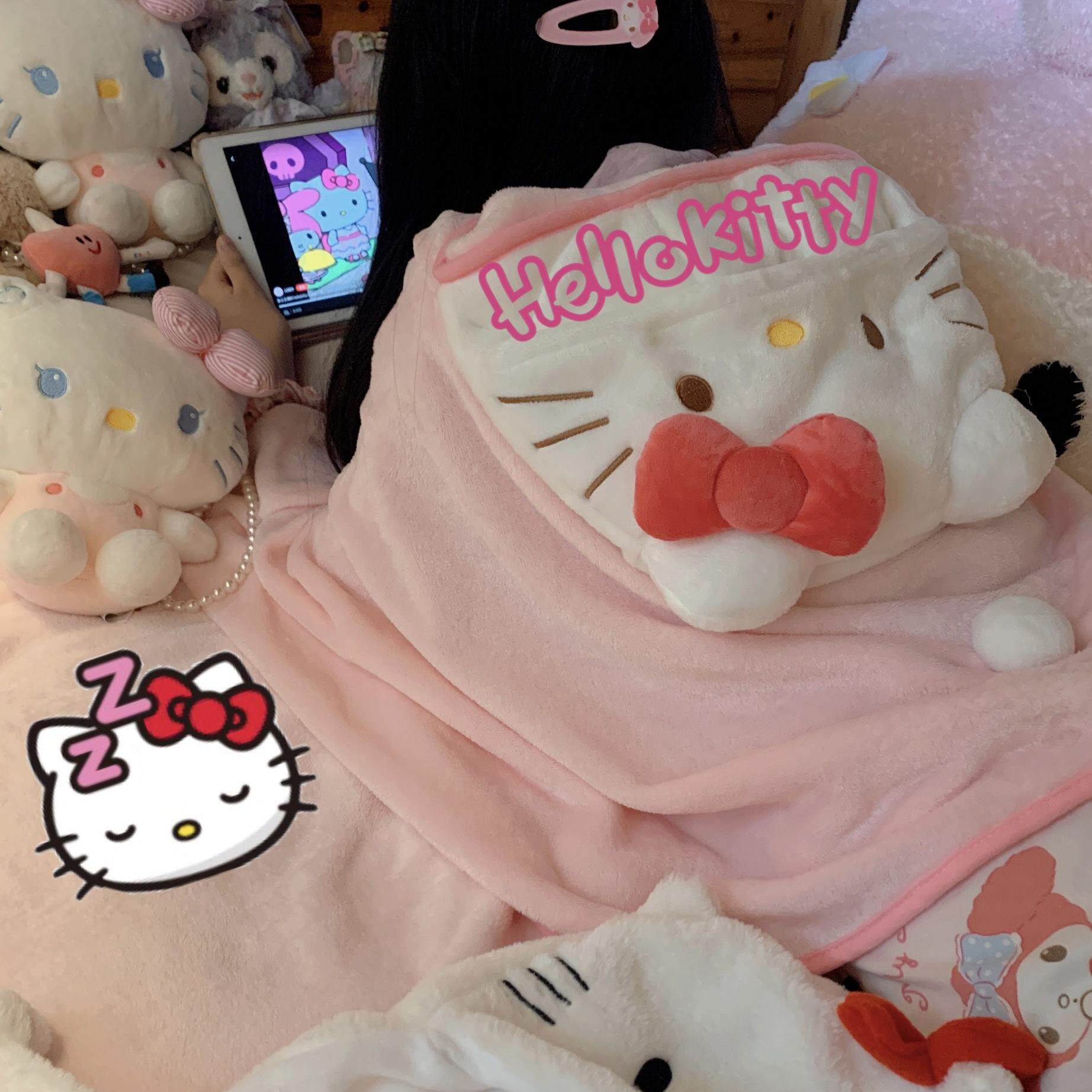 hellokitty粉嫩卡通家居宅人午睡法兰绒毯四季通用空调盖毯凯蒂猫