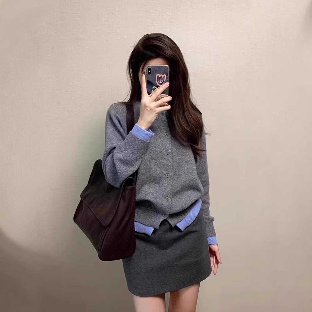 慵懒风灰色假两件针织开衫外套女