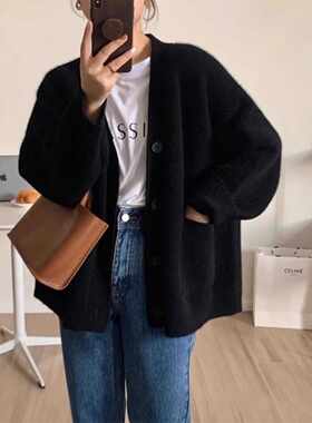 高级感软糯黑色领针织开衫女秋冬