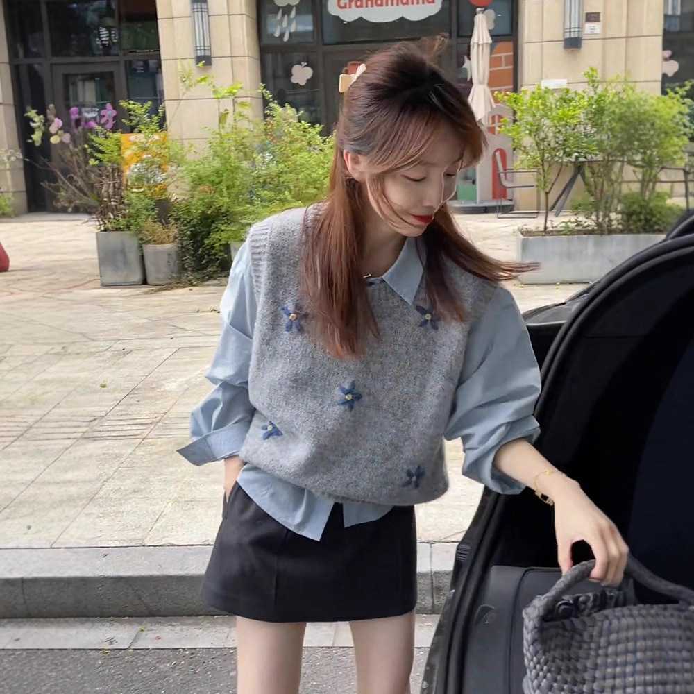 法式灰色提花针织袖坎肩马甲女
