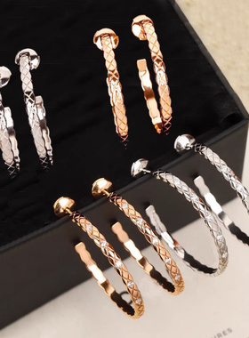 925纯银夸张夜店小香风菱格纹耳环女刘雯同款大耳圈经典气场精工