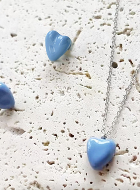 高级感小众设计简约清新925银奶蓝色珐琅釉爱心项链纯银耳钉女
