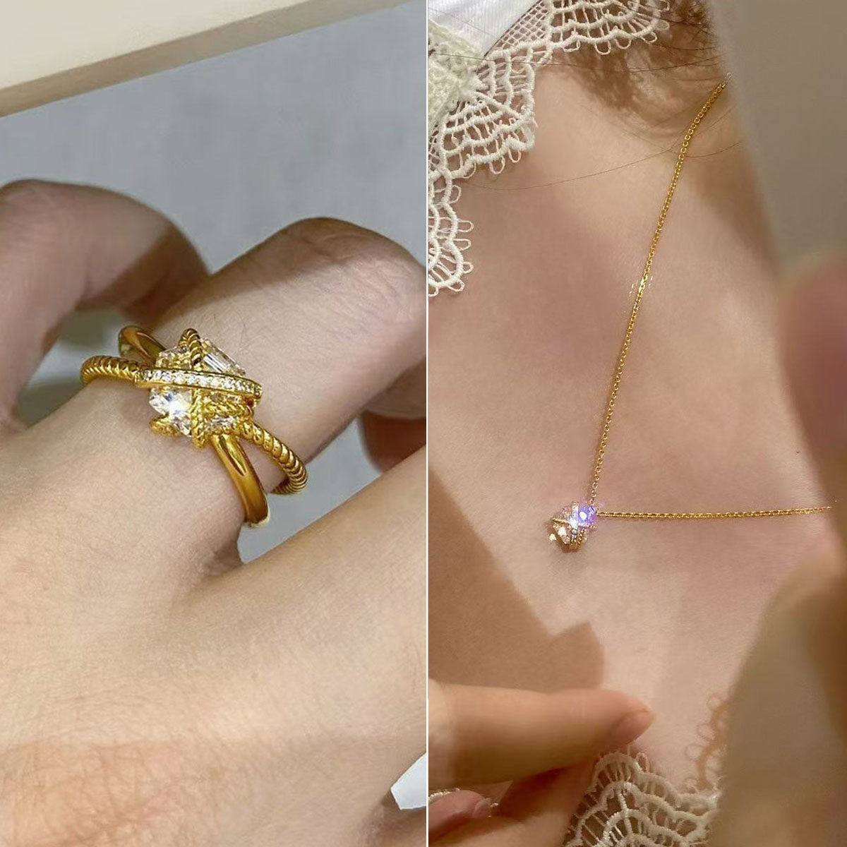 小众设计交叉火彩钻感方糖系列短款项链通勤百搭超闪戒指戒子指环
