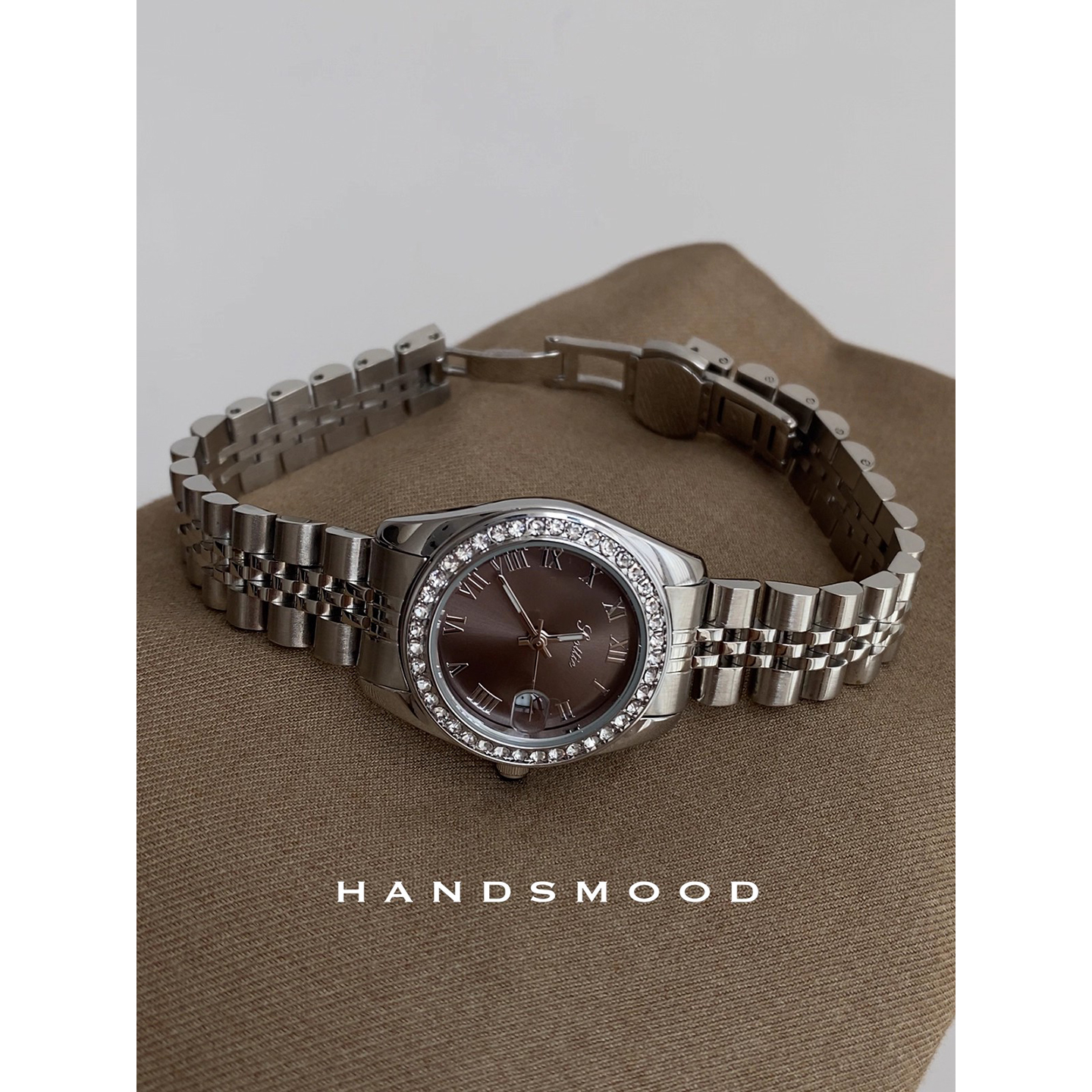 handsmood 格雷灰高级感镶钻精致时尚通勤气质百搭钢带手表女