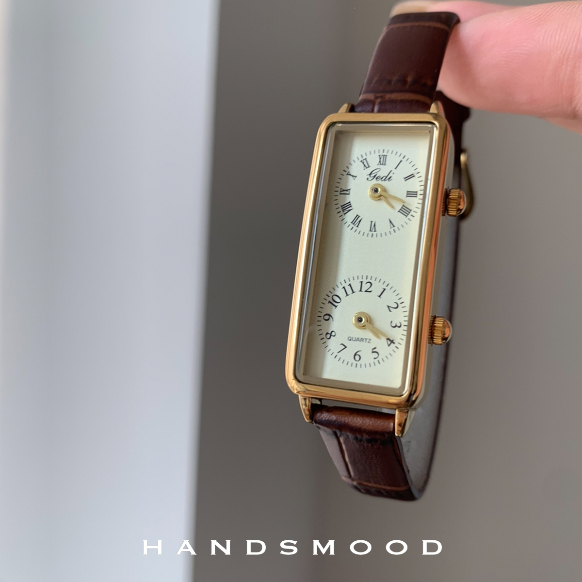handsmood复古棕金色长方形双表盘时尚小众设计感真皮手表G139