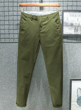 纯棉春秋季军绿色高级休闲裤男修身小脚布裤夏季高端韩版潮流长裤