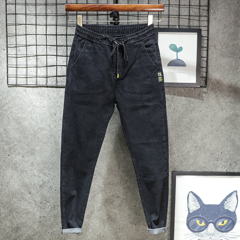 加绒加厚秋冬季系带弹力黑色牛仔裤男修身小脚2025深色潮系绳裤子,男装,牛仔裤,淘宝优惠券,粉丝福利购,淘宝优惠卷