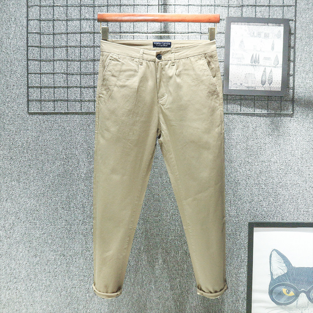 香港卡其色秋季九分休闲裤男微宽修身小直筒春秋款小个子纯棉裤子