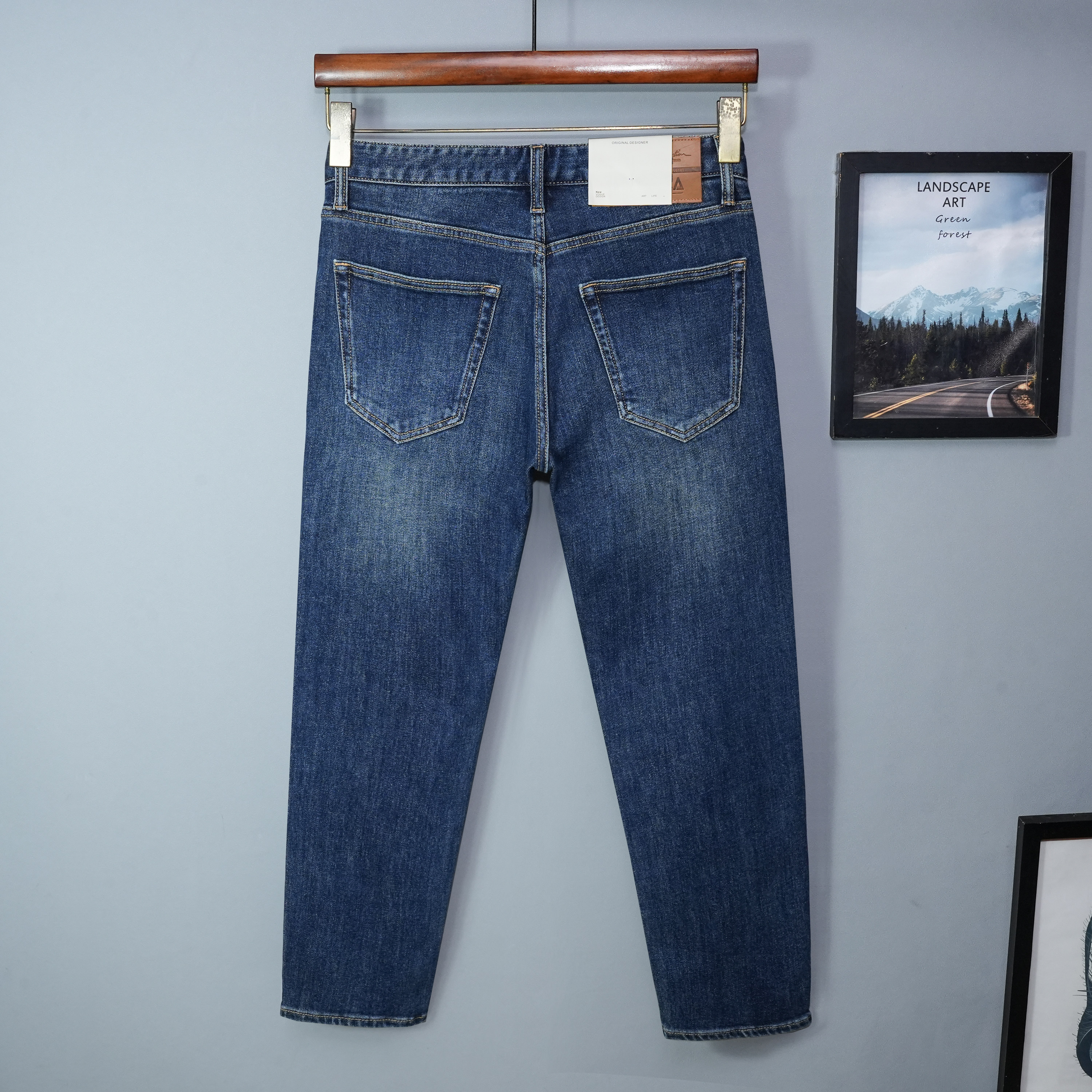 秋冬季2025新款蓝色九分牛仔裤男士锥形修身小脚小直筒高端弹力