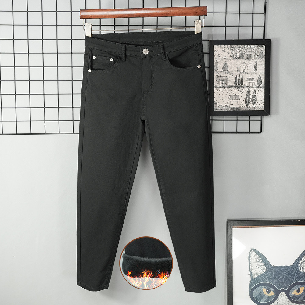 加绒秋冬季九分牛仔裤男修身小脚纯棉黑色加厚保暖弹力休闲新款