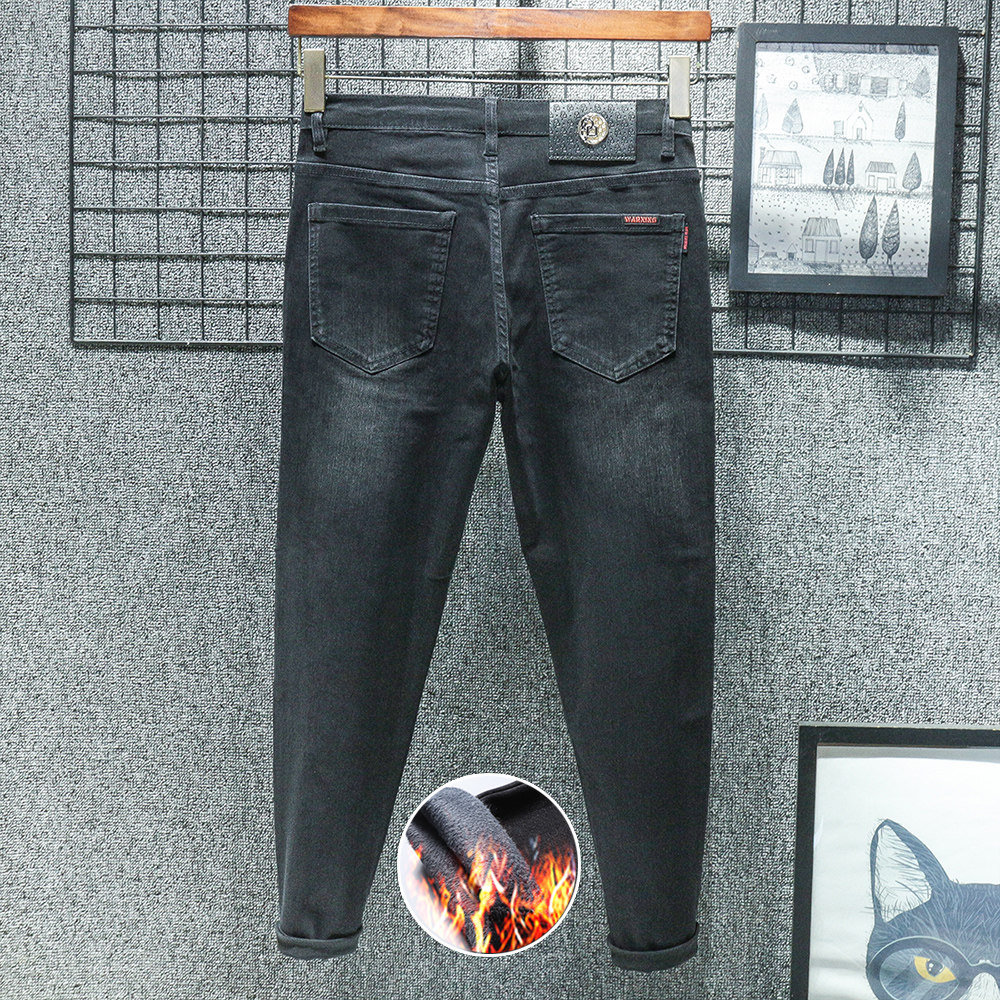 加绒加厚冬季保暖九分牛仔裤男修身小脚秋冬黑灰新款休闲弹力高端