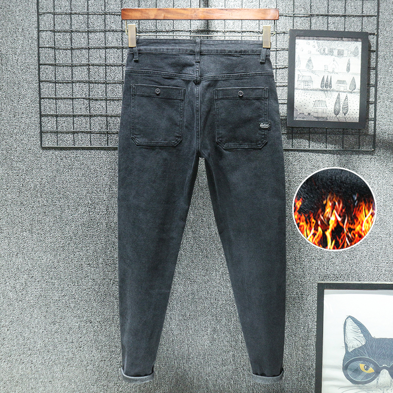 加绒加厚款秋冬季黑灰牛仔裤男士锥形修身小脚长裤弹力带绒2025