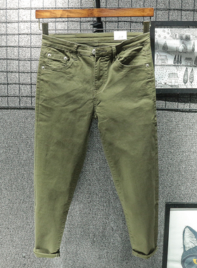 军绿色夏季薄款 九分休闲牛仔裤男修身小脚裤9分超薄弹力裤子新款
