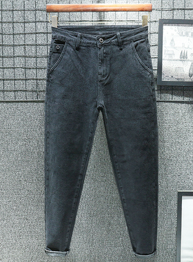 原创百搭秋冬黑灰色牛仔裤男士修身小脚微宽松锥形加绒弹力裤子