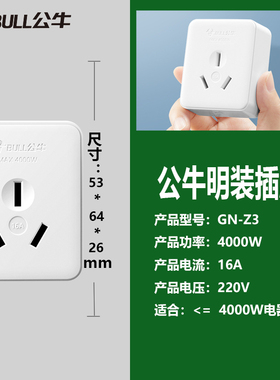 公牛明装开关插座家用墙壁外接外装明线10A两孔墙式面板GN-Z1Z2Z3