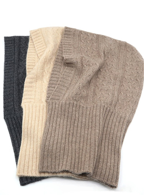 秋冬100%纯山羊绒针织围脖一体帽子女绞花针织保暖护颈脖套连体帽