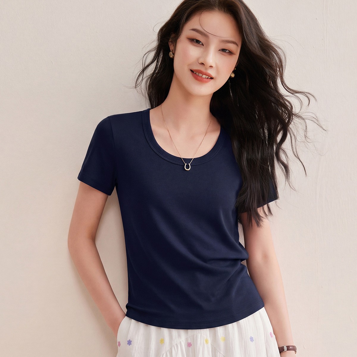 2026夏季新款莫代尔棉桑蚕丝纯色T恤短袖女舒适简约纯色圆领半袖