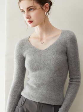 2025新款秋冬V领羊绒衫女100纯羊绒修身打底山羊绒针织内搭毛衣