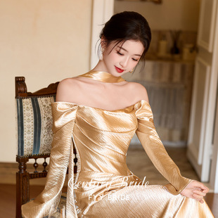 金色晚礼服年会主持人绝美订婚新娘女晨袍鱼尾裙小众学生日成人礼